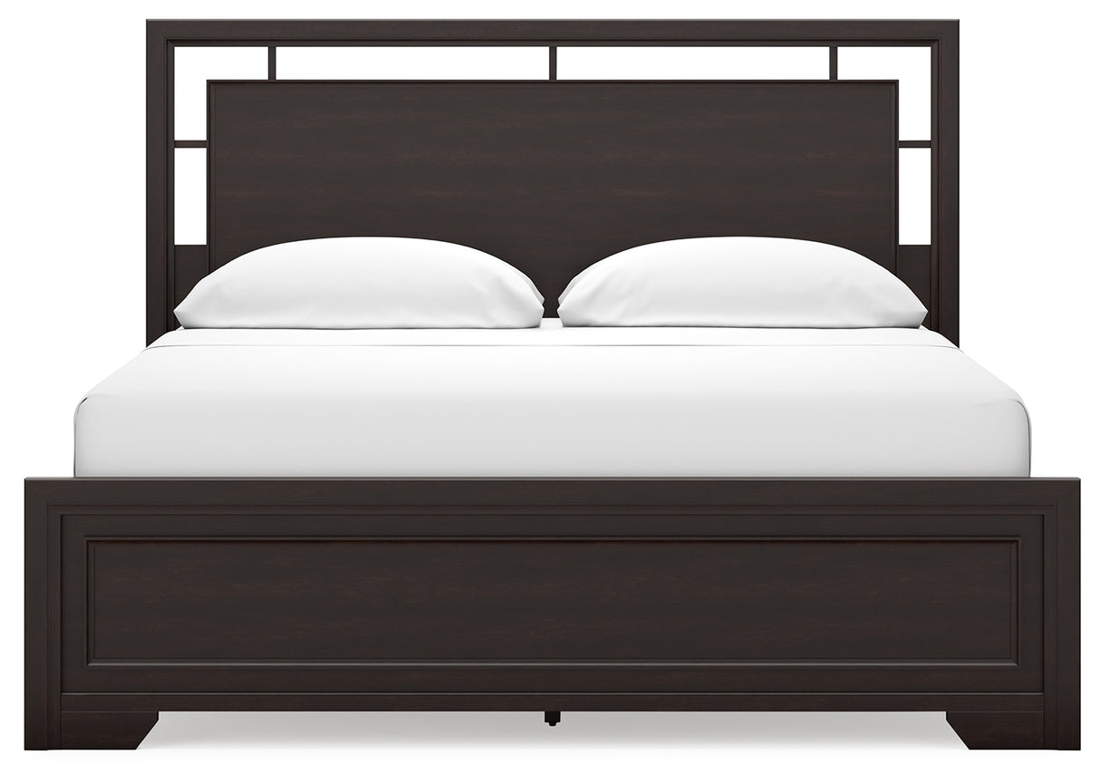 Covetown California King Panel Bed with Mirrored Dresser, Chest and Nightstand in Dark Brown from Ashley Furniture - Luna Furniture