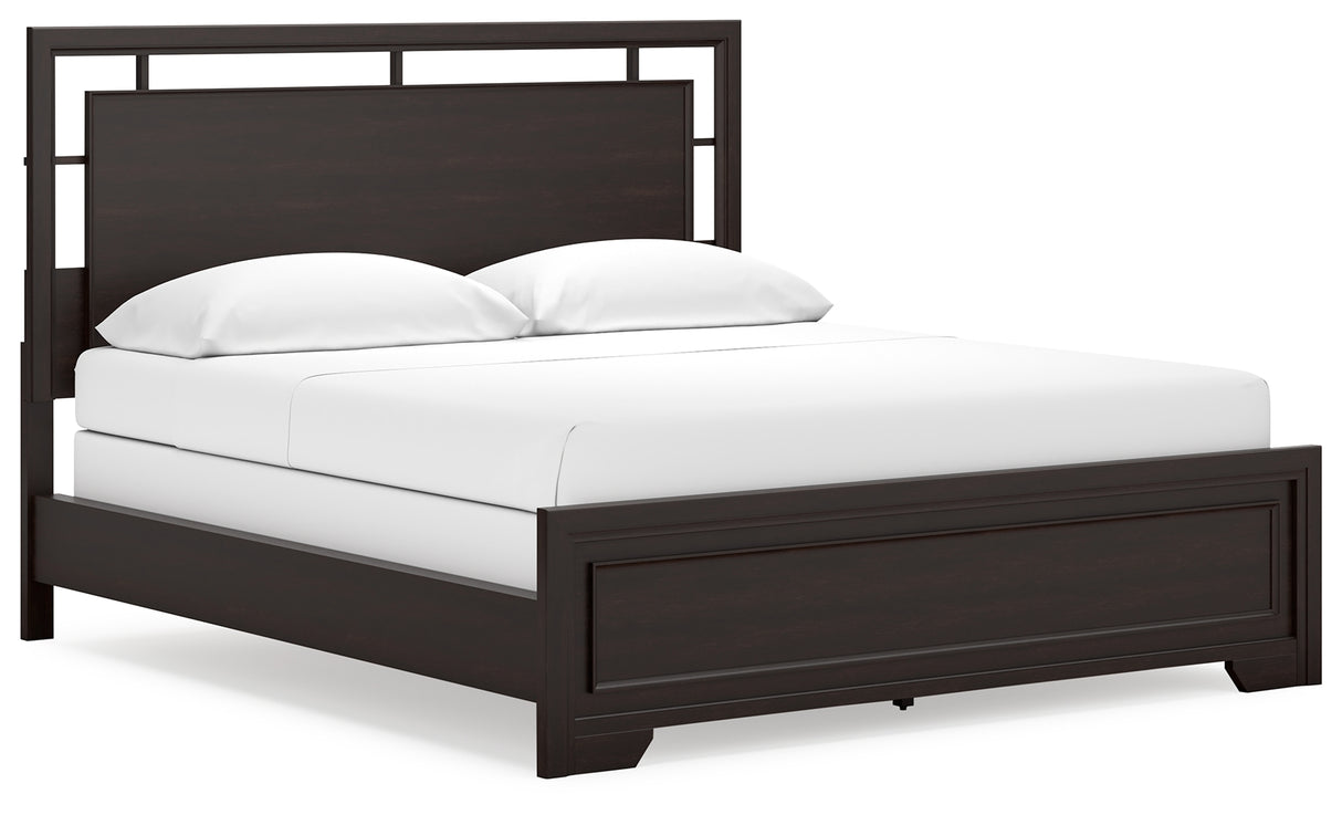 Covetown California King Panel Bed with Mirrored Dresser, Chest and Nightstand in Dark Brown from Ashley Furniture - Luna Furniture
