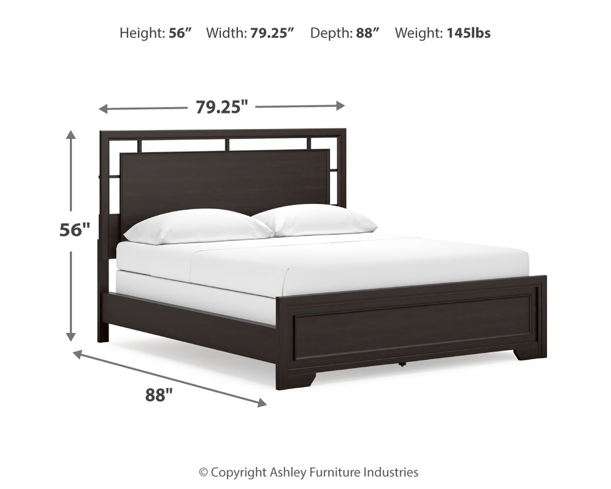 Covetown California King Panel Bed with Mirrored Dresser, Chest and Nightstand in Dark Brown from Ashley Furniture - Luna Furniture