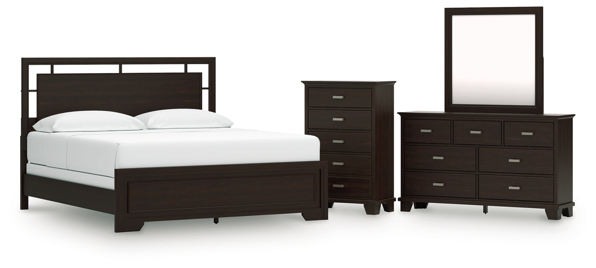 Covetown California King Panel Bed with Mirrored Dresser and Chest in Dark Brown from Ashley - Luna Furniture