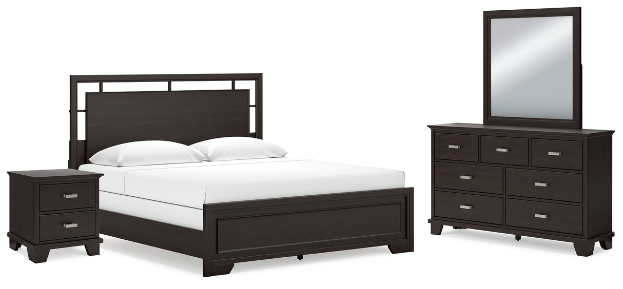 Covetown California King Panel Bed with Mirrored Dresser and Nightstand in Dark Brown from Ashley - Luna Furniture