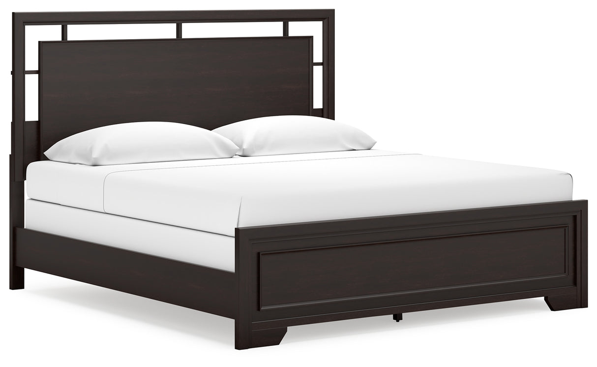 Covetown King Panel Bed with Mirrored Dresser, Chest and 2 Nightstands in Dark Brown from Ashley Furniture - Luna Furniture