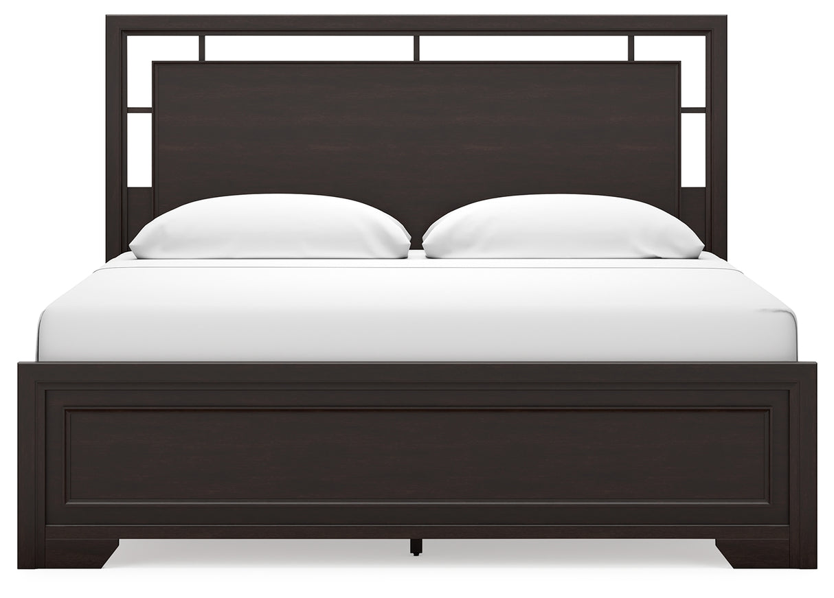 Covetown King Panel Bed with Mirrored Dresser and 2 Nightstands in Dark Brown from Ashley - Luna Furniture