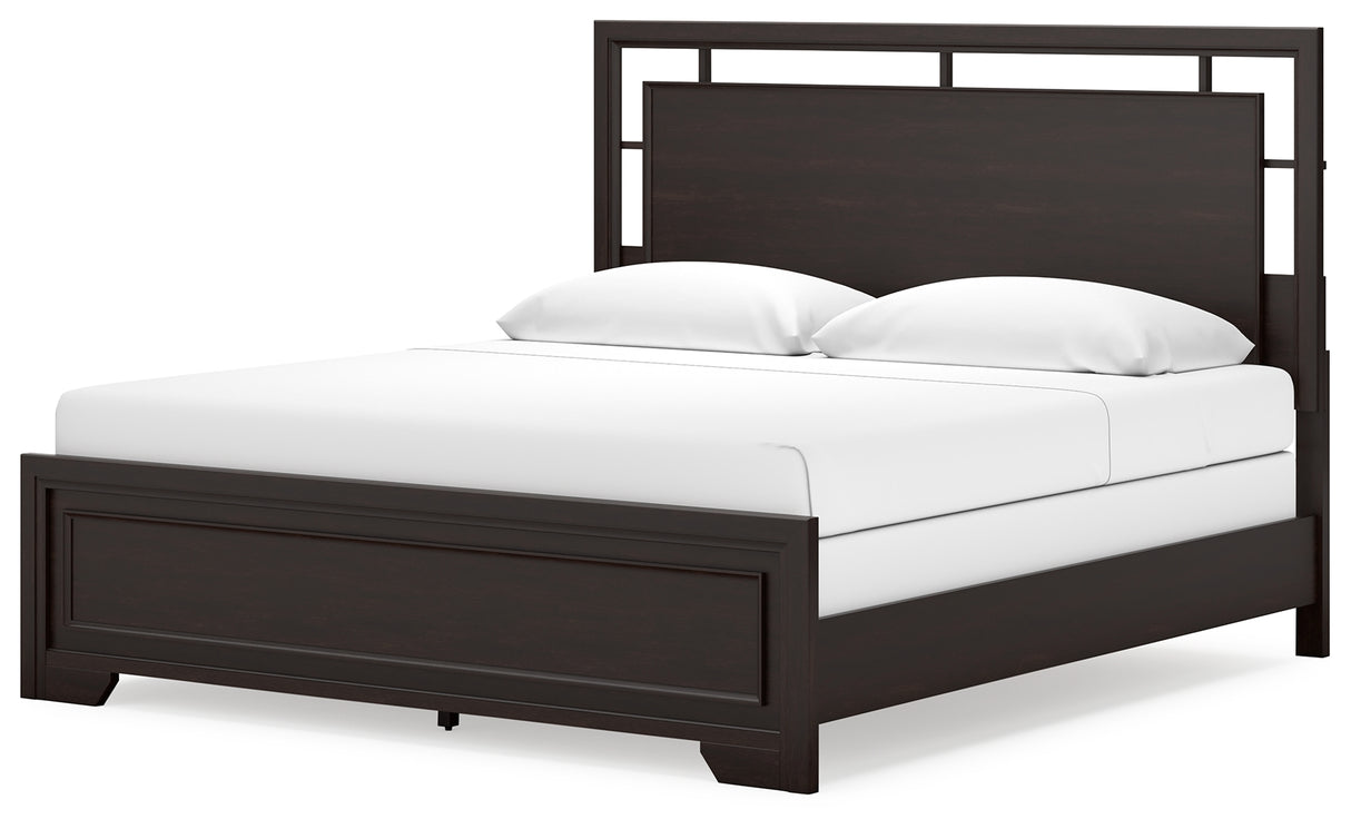 Covetown King Panel Bed with Mirrored Dresser and Nightstand in Dark Brown from Ashley - Luna Furniture