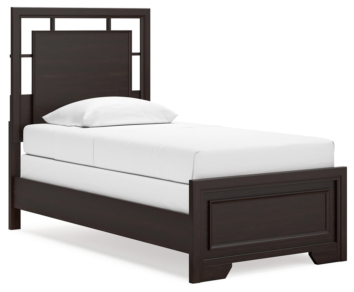 Covetown Twin Panel Bed with Mirrored Dresser in Dark Brown from Ashley Furniture - Luna Furniture