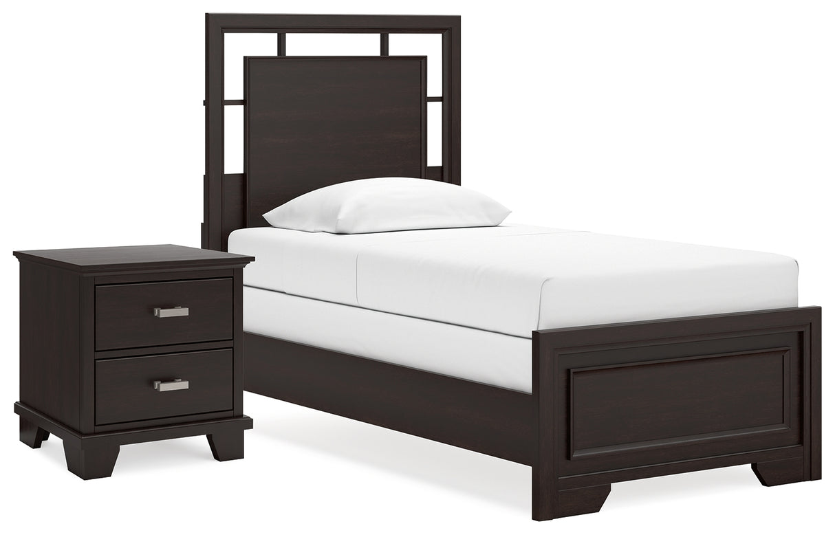 Covetown Twin Panel Bed with Nightstand in Dark Brown from Ashley Furniture - Luna Furniture