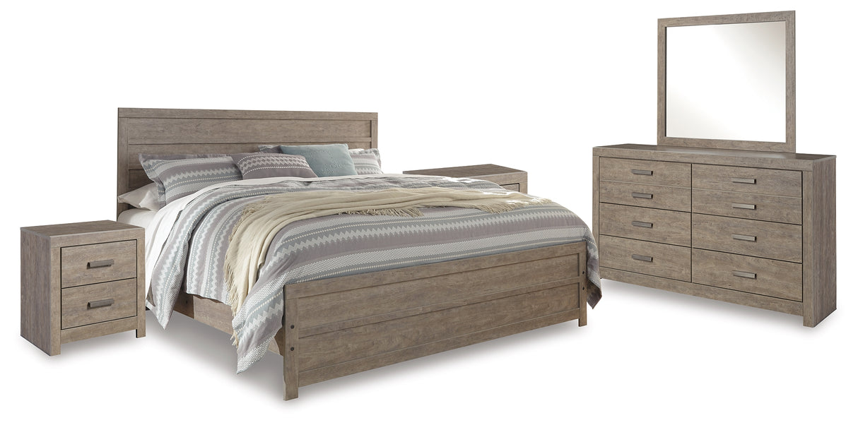 Culverbach King Panel Bed with Mirrored Dresser and 2 Nightstands in Gray from Ashley - Luna Furniture