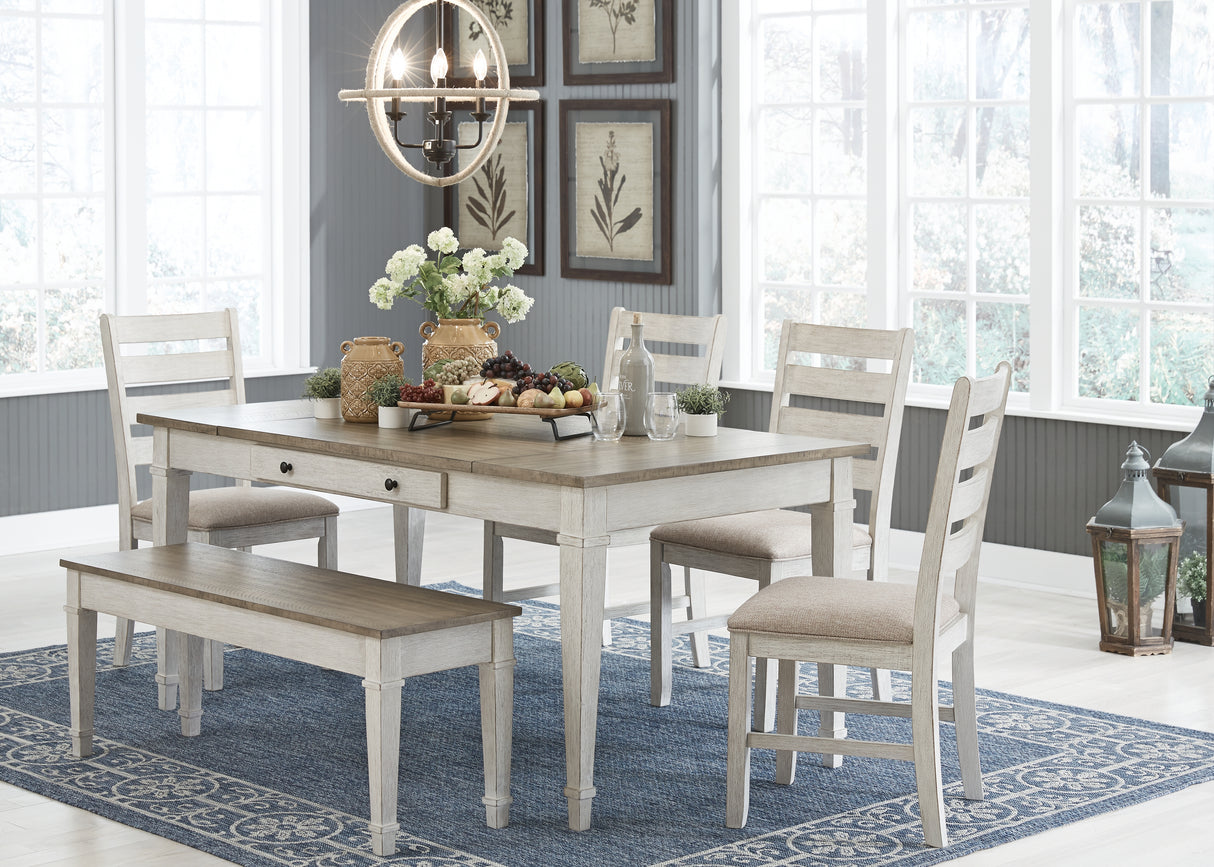 Skempton White/Light Brown Dining Table and 4 Chairs and Bench from Ashley - Luna Furniture