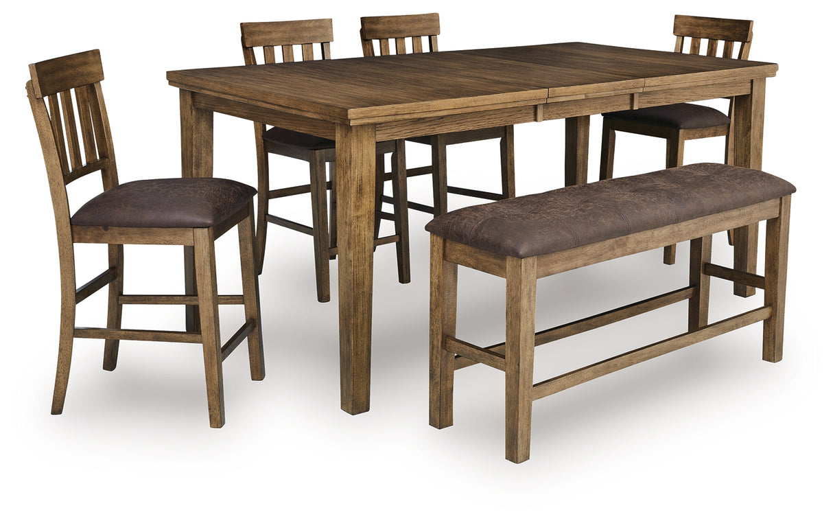 Urbinforte Light Brown Counter Height Extension Dining Table, 4 Barstools and Bench from Ashley - Luna Furniture