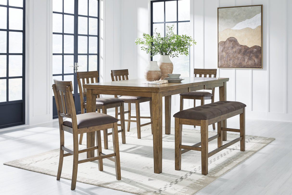 Urbinforte Light Brown Counter Height Extension Dining Table, 4 Barstools and Bench from Ashley - Luna Furniture