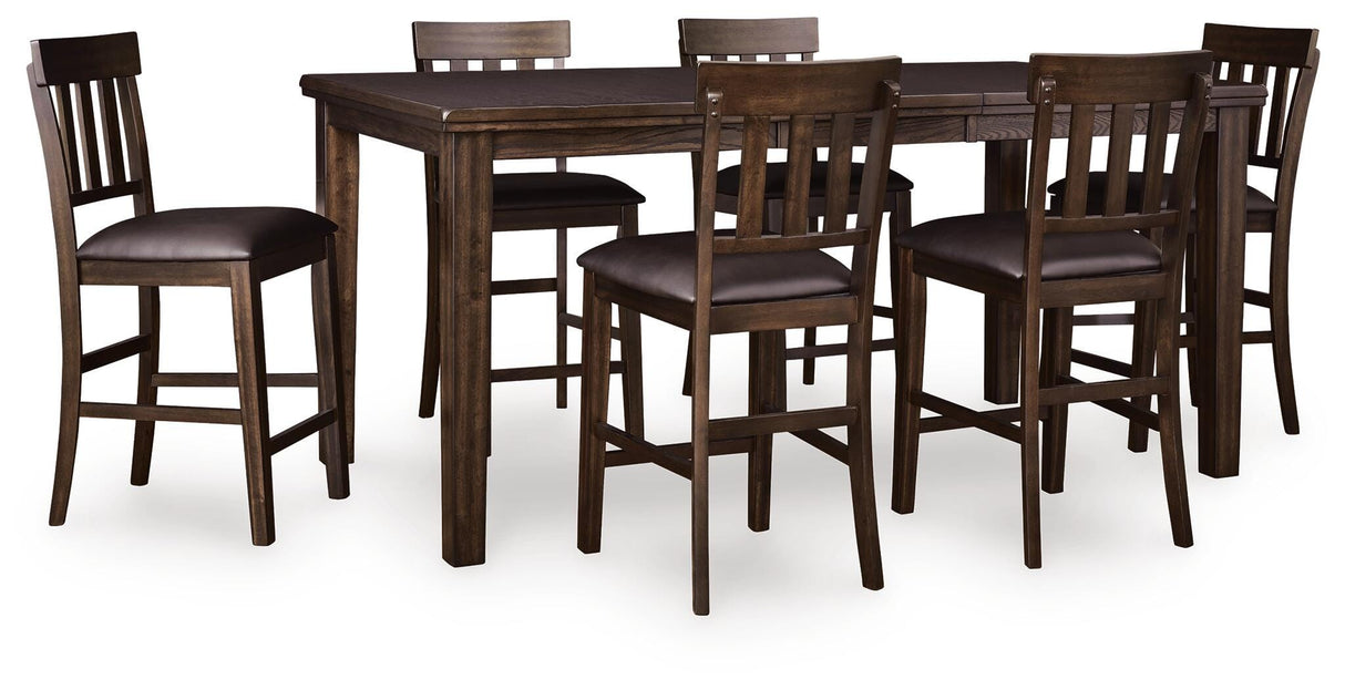 Haddigan Dark Brown Counter Height Dining Extension Table and 6 Bar Stools from Ashley Furniture - Luna Furniture