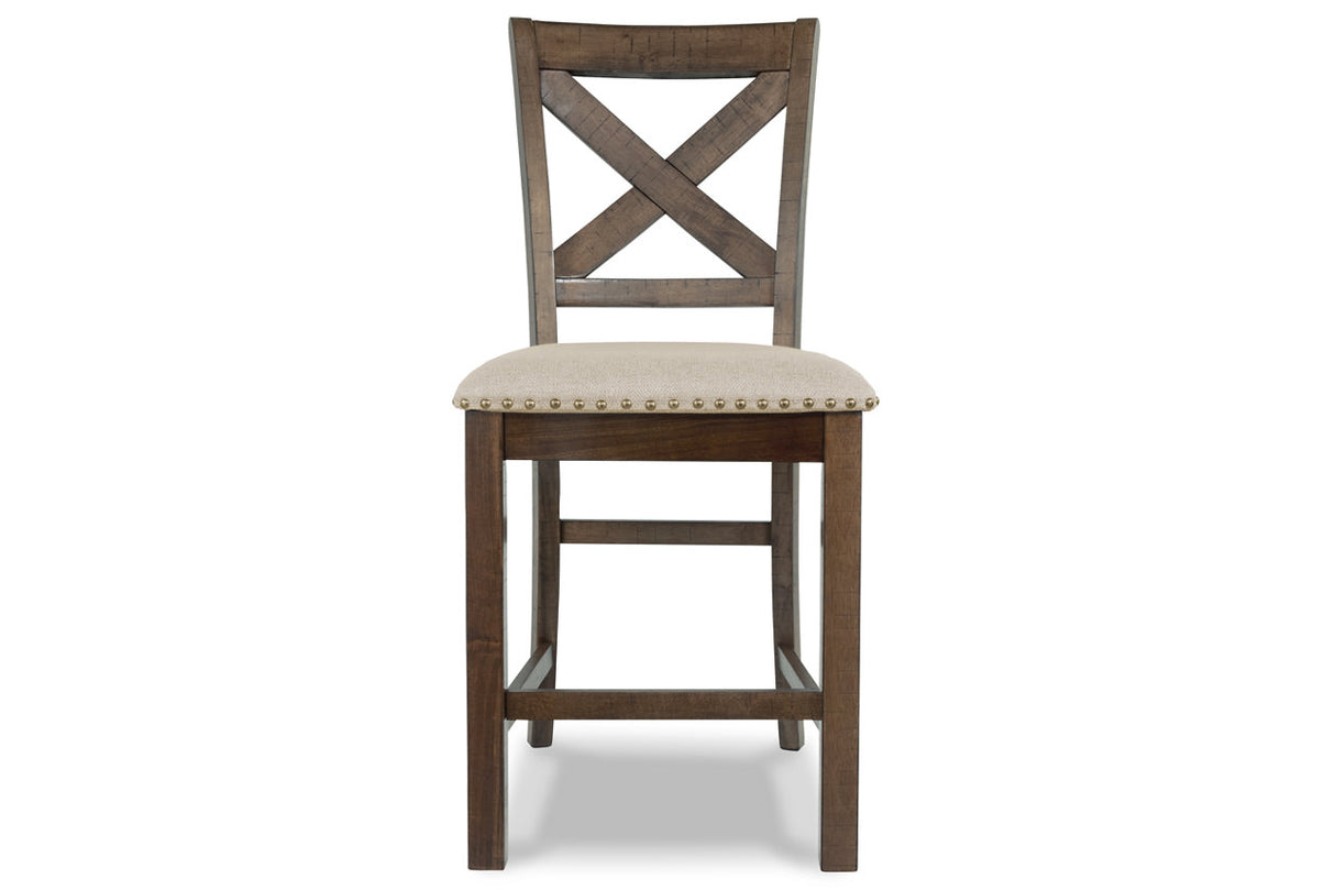 Moriville Grayish Brown Counter Height Dining Table with 4 Barstools, Bench, and Server from Ashley - Luna Furniture