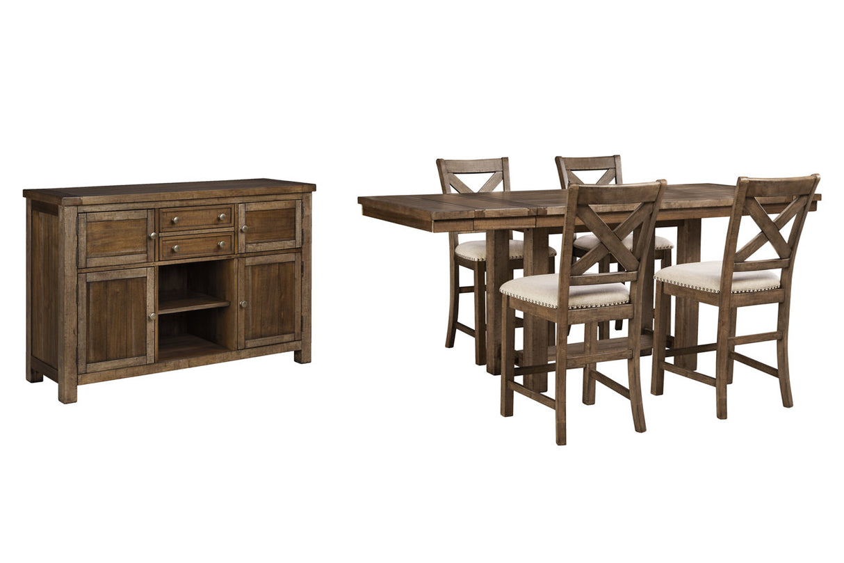 Moriville Grayish Brown Counter Height Dining Table, 4 Barstools and Server from Ashley - Luna Furniture