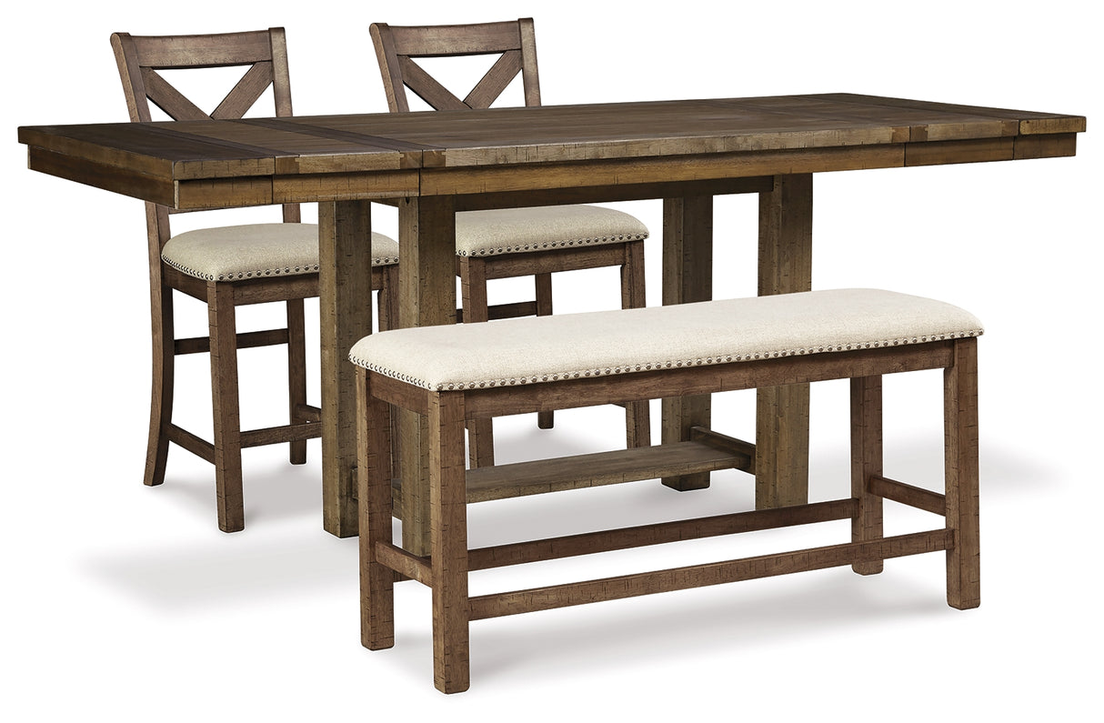 Moriville Grayish Brown Counter Height Dining Table with 4 Barstools and Bench from Ashley Furniture - Luna Furniture