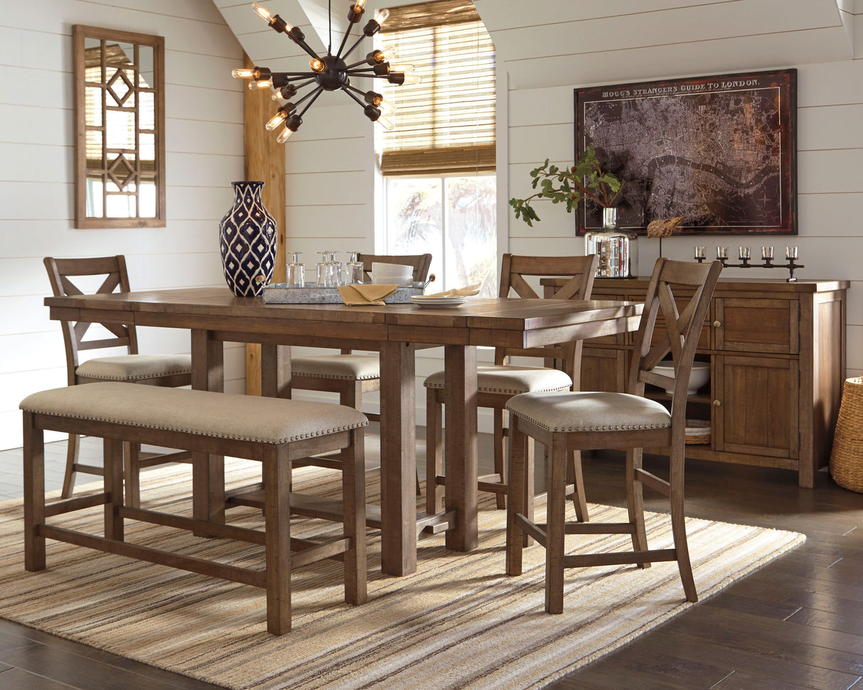 Moriville Grayish Brown Counter Height Dining Table with 4 Barstools, Bench, and Server from Ashley Furniture - Luna Furniture