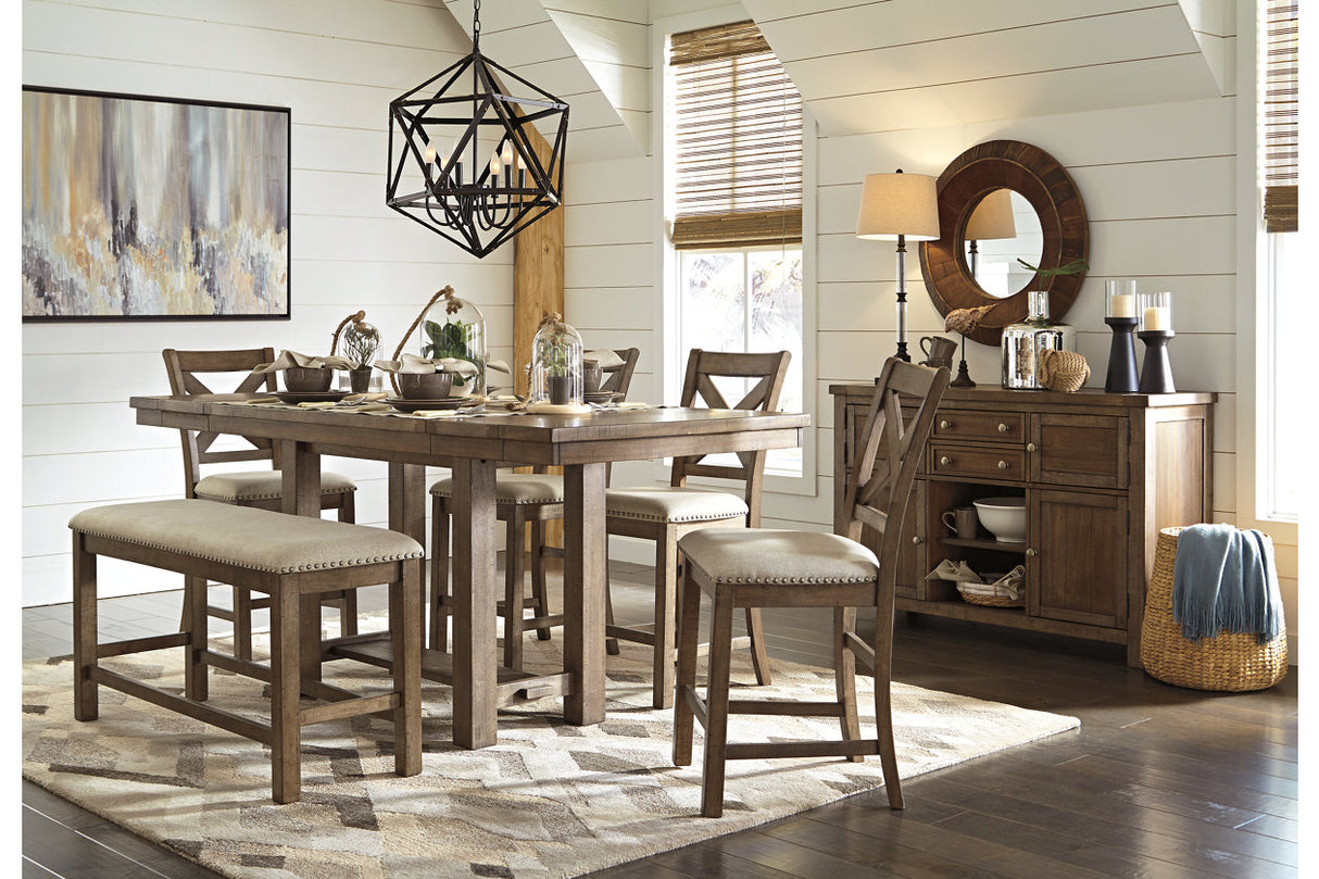 Moriville Grayish Brown Counter Height Dining Table with 4 Barstools, Bench, and Server from Ashley - Luna Furniture