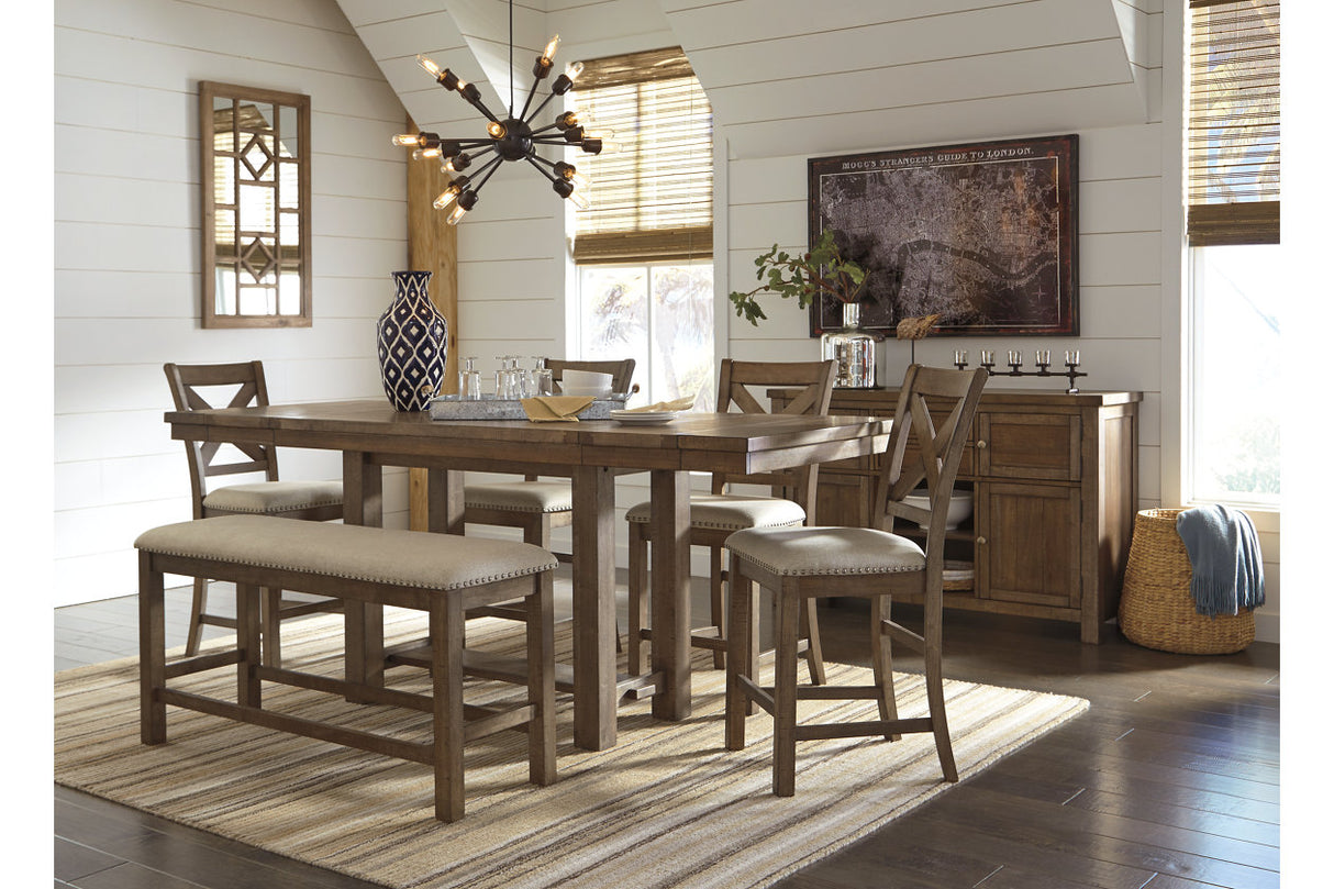 Moriville Grayish Brown Counter Height Dining Table with 4 Barstools, Bench, and Server from Ashley - Luna Furniture