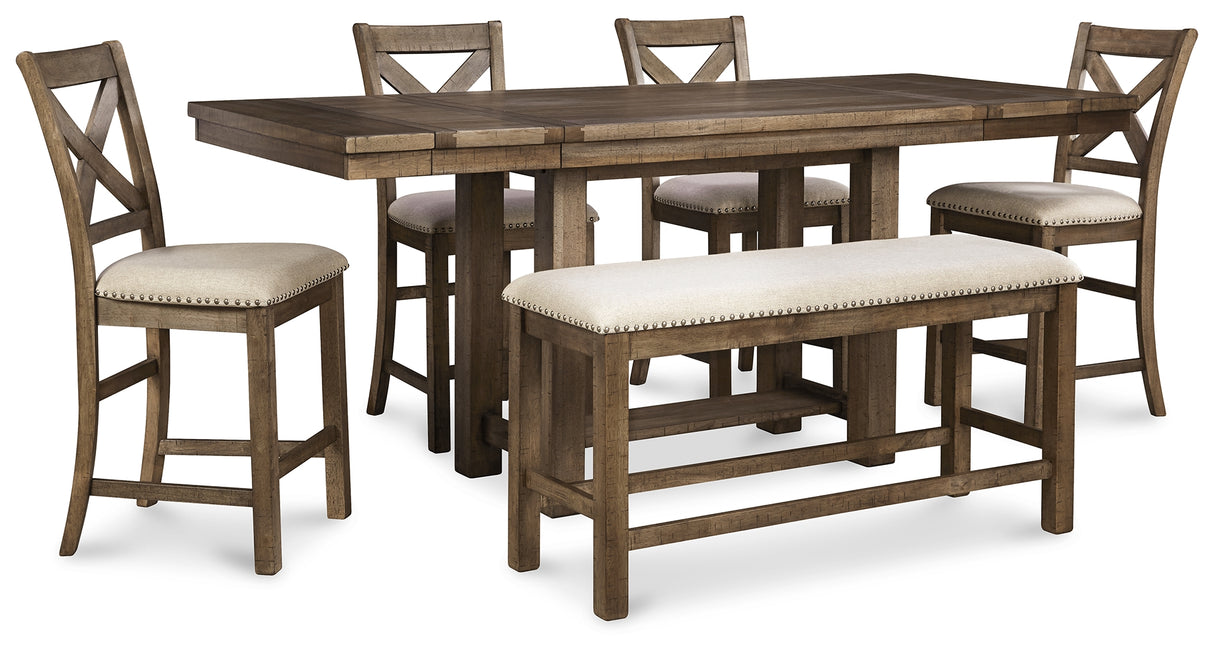 Moriville Grayish Brown Counter Height Dining Table with 4 Barstools and Bench from Ashley Furniture - Luna Furniture