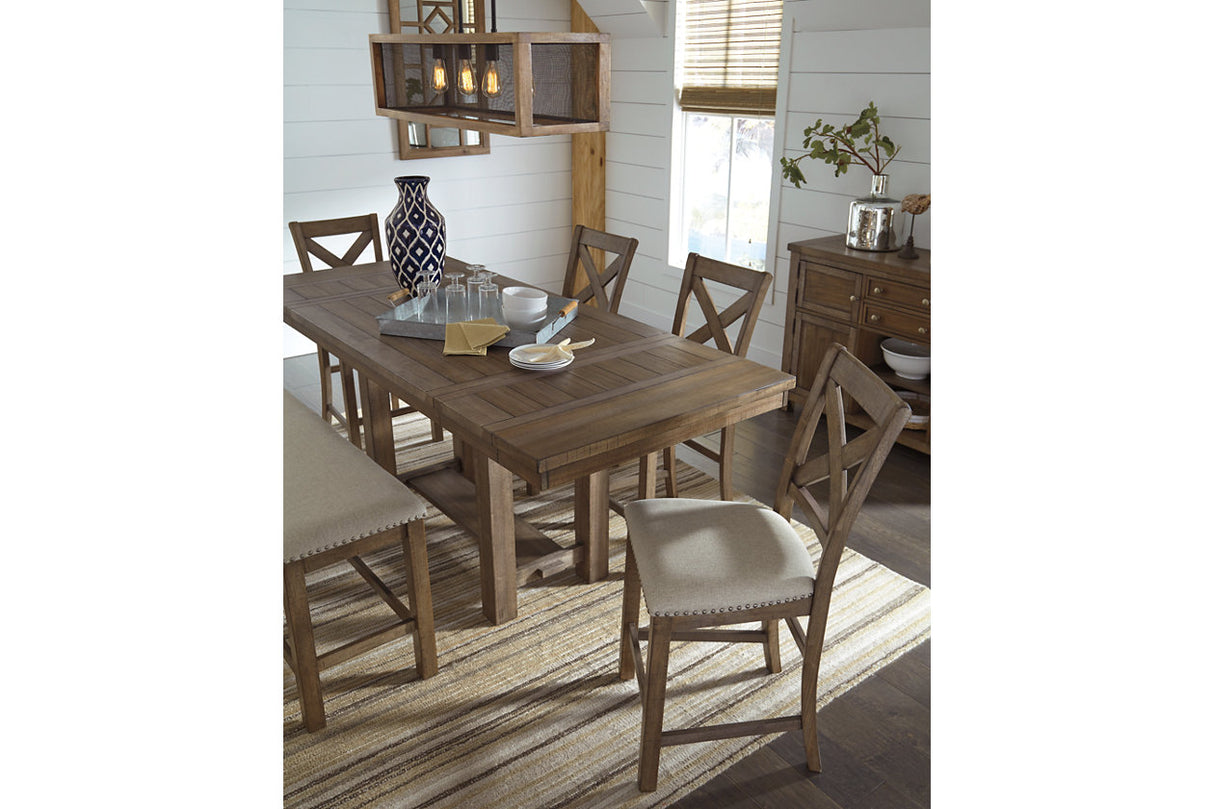 Moriville Grayish Brown Counter Height Dining Table, 4 Barstools and Server from Ashley - Luna Furniture