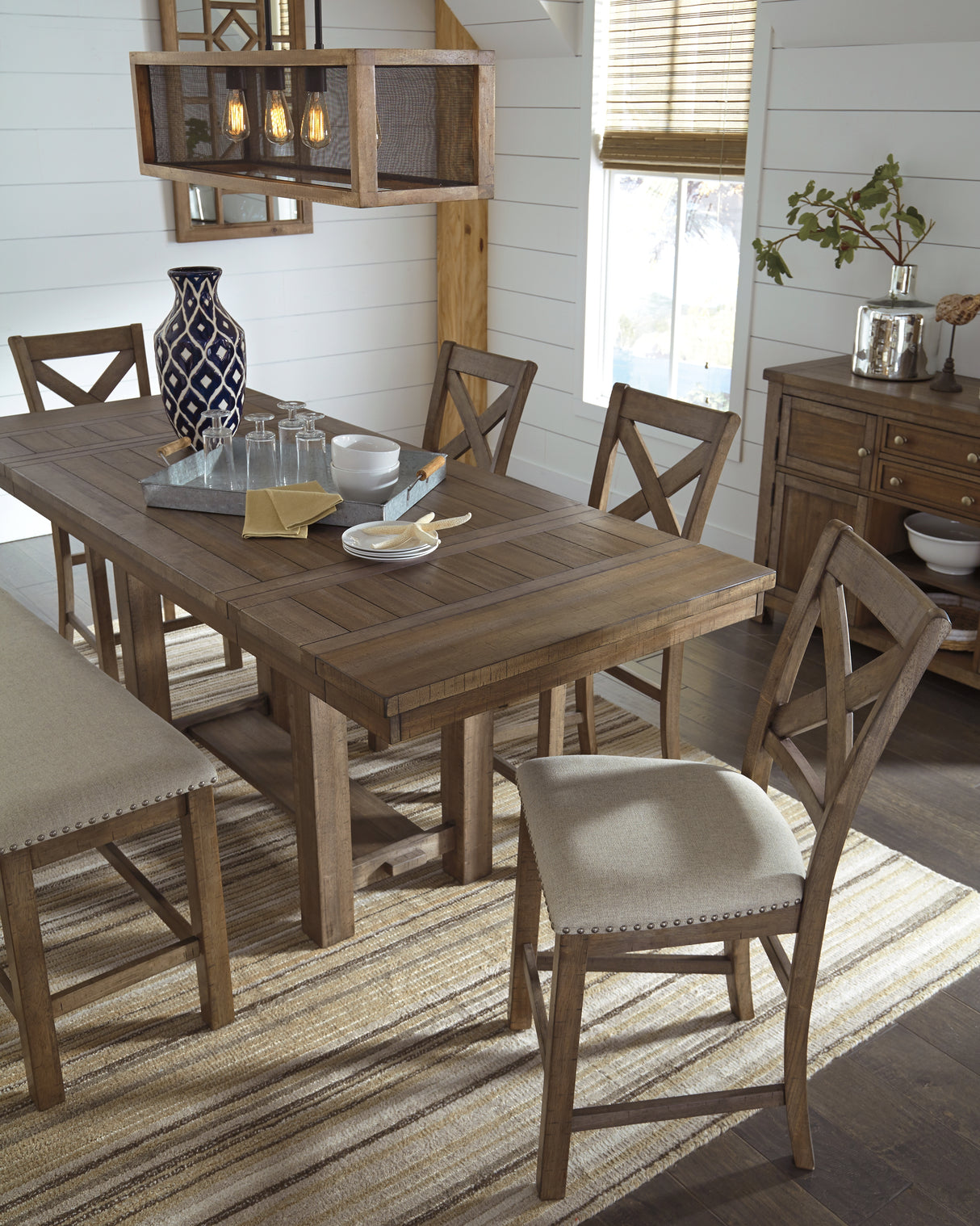 Moriville Grayish Brown Counter Height Dining Table, 4 Barstools and Server from Ashley - Luna Furniture