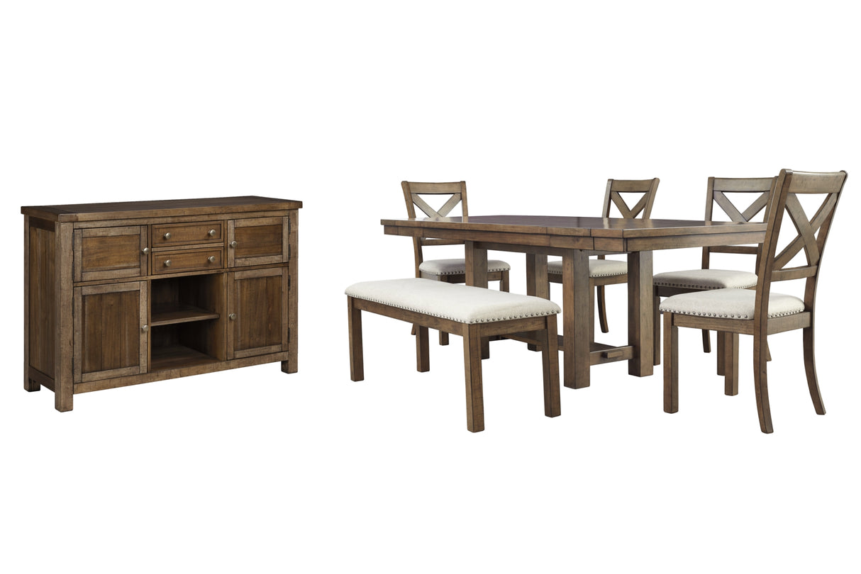 Moriville Grayish Brown Dining Table and 4 Chairs and Bench with Server from Ashley Furniture - Luna Furniture