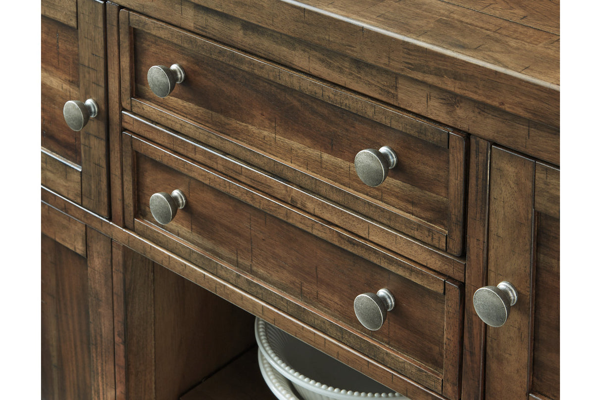 Moriville Grayish Brown Counter Height Dining Table with 4 Barstools, Bench, and Server from Ashley - Luna Furniture