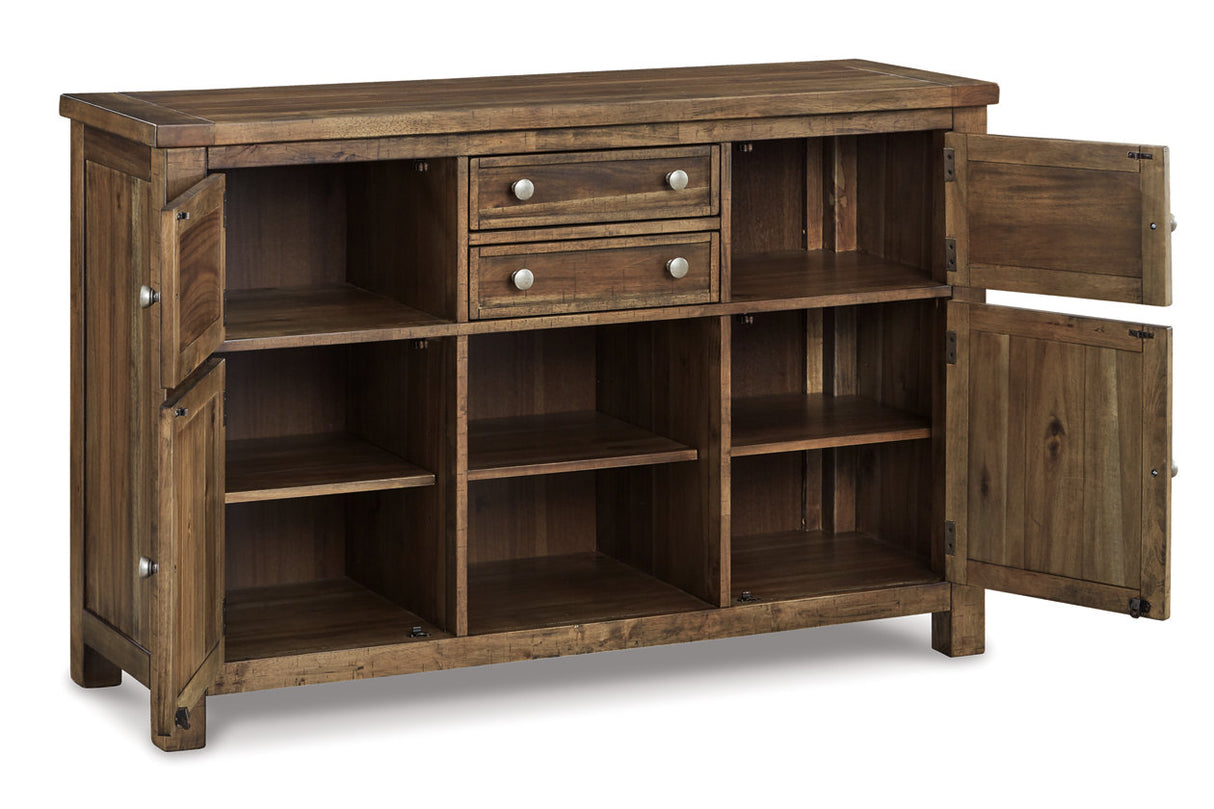 Moriville Grayish Brown Counter Height Dining Table with 4 Barstools, Bench, and Server from Ashley - Luna Furniture