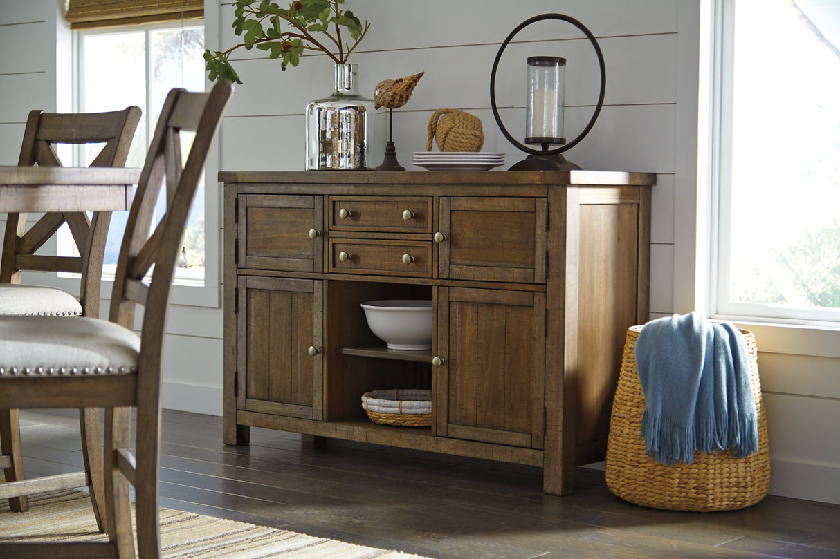 Moriville Grayish Brown Counter Height Dining Table with 4 Barstools, Bench, and Server from Ashley - Luna Furniture