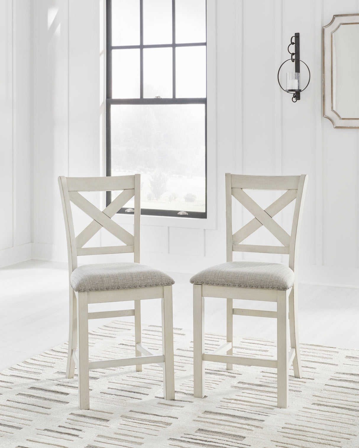 Robbinsdale Antique White Counter Height Dining Table and 4 Barstools and Bench from Ashley Furniture - Luna Furniture