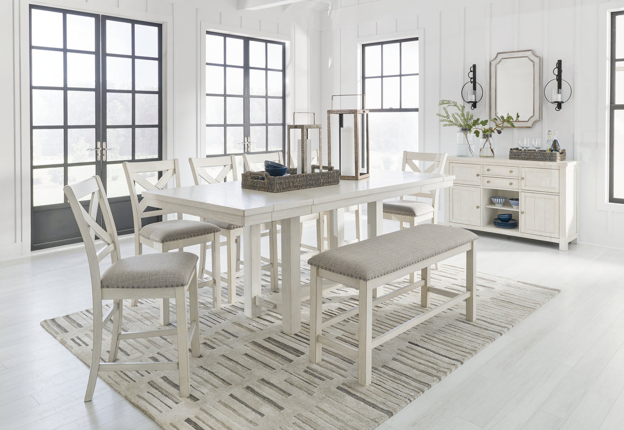 Robbinsdale Antique White Counter Height Dining Table and 6 Barstools and Bench with Storage from Ashley - Luna Furniture