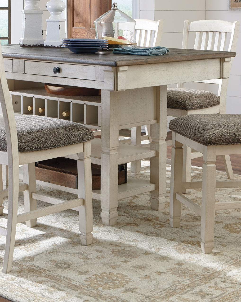 Bolanburg Antique White Counter Height Dining Table, 4 Barstools, Bench and Server from Ashley - Luna Furniture