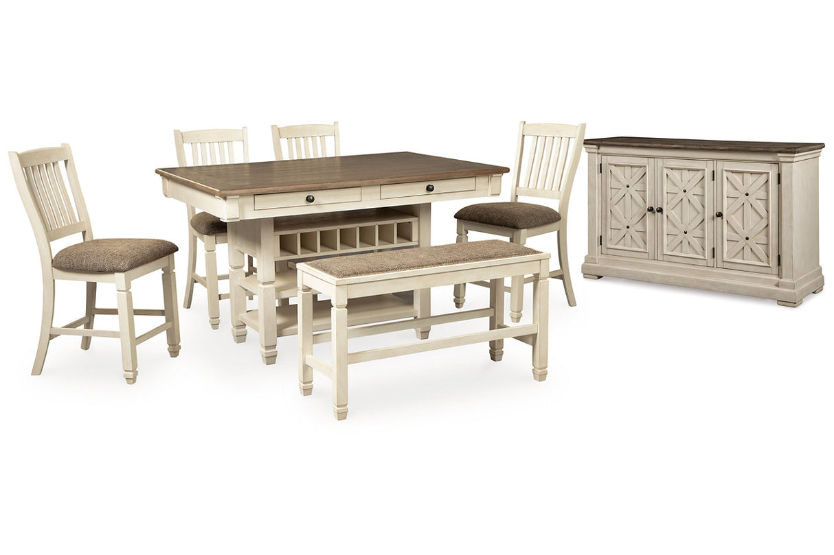 Bolanburg Antique White Counter Height Dining Table, 4 Barstools, Bench and Server from Ashley - Luna Furniture