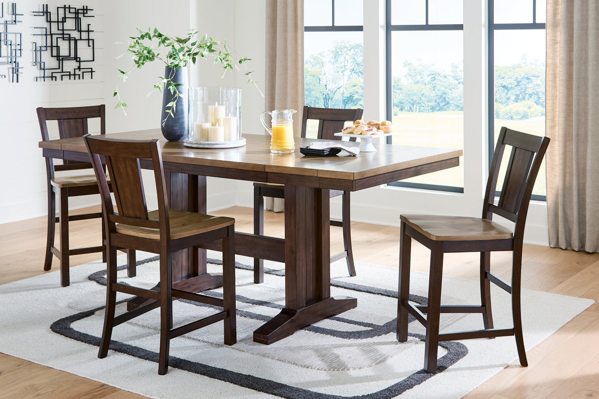 Rylandeen Light Brown/Dark Brown Counter Height Extension Dining Table and 4 Barstools from Ashley Furniture - Luna Furniture