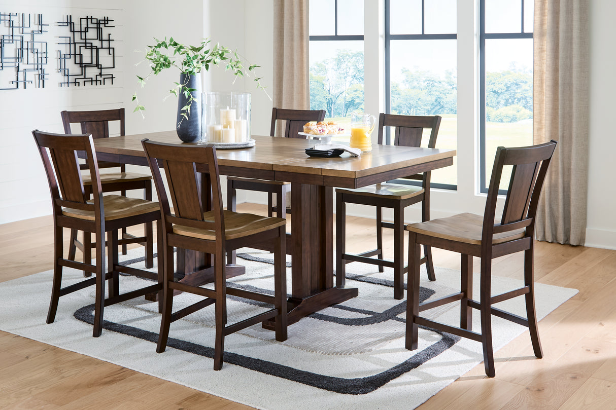 Rylandeen Light Brown/Dark Brown Counter Height Extension Dining Table and 6 Barstools from Ashley Furniture - Luna Furniture