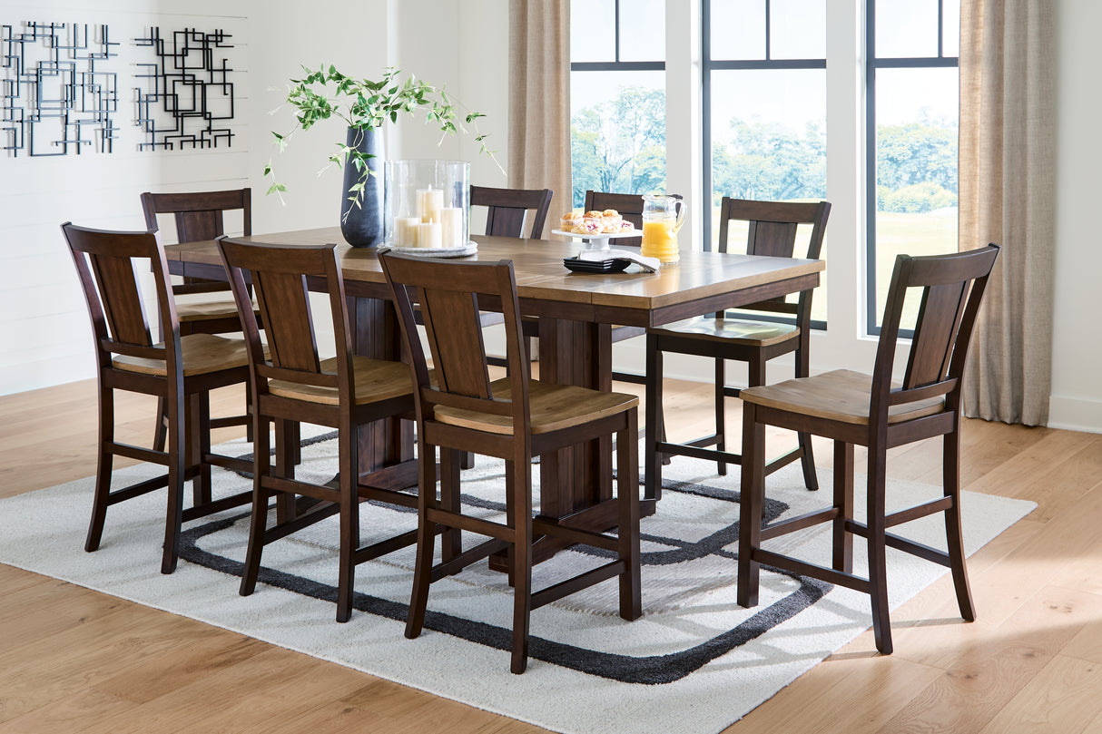 Rylandeen Light Brown/Dark Brown Counter Height Extension Dining Table and 8 Barstools from Ashley Furniture - Luna Furniture