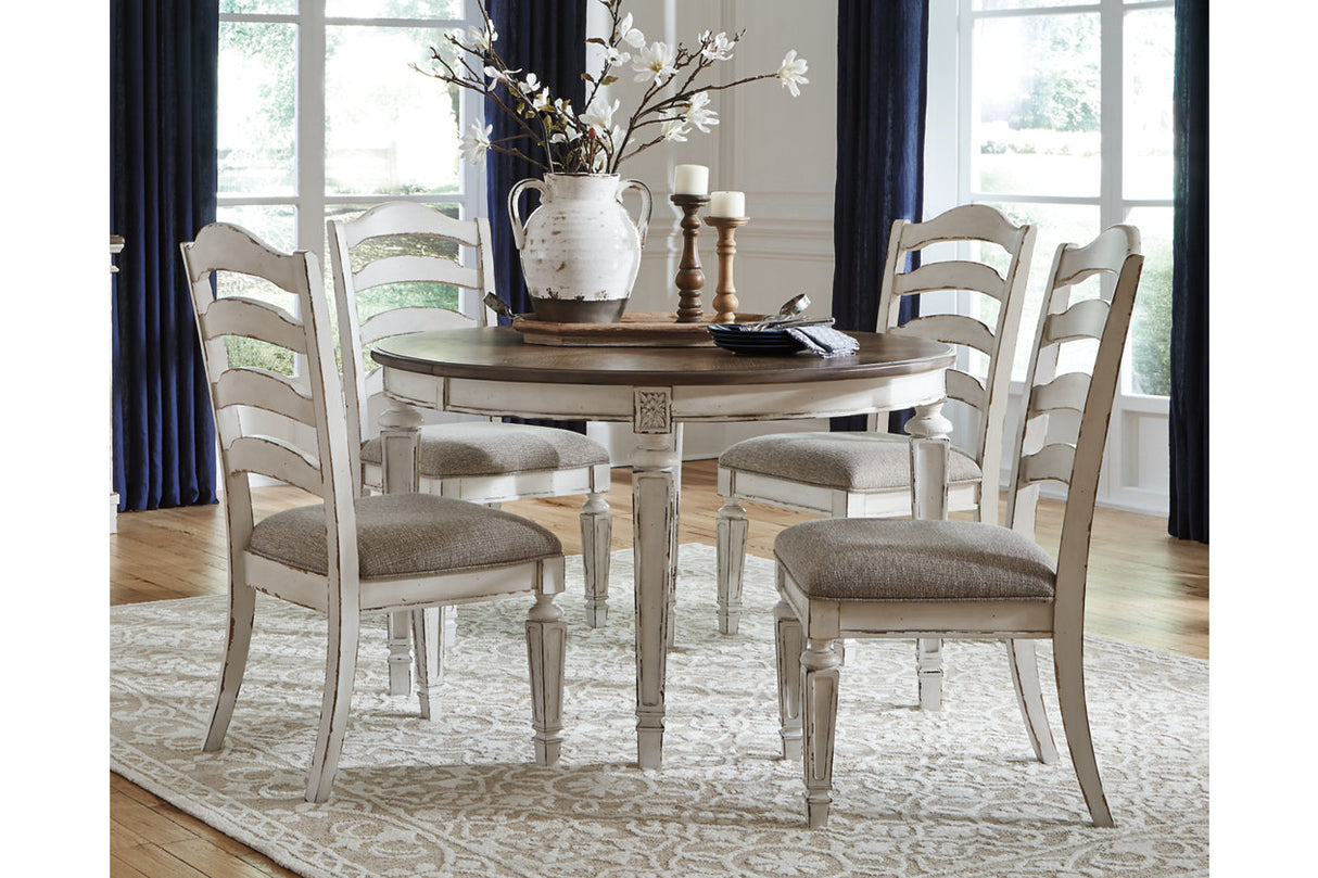 Realyn Chipped White Oval Dining Table and 4 Ladder Back Chairs from Ashley Furniture - Luna Furniture