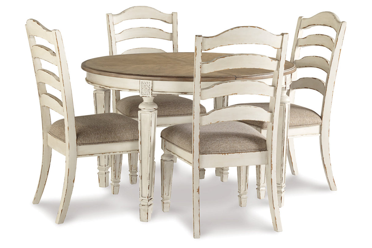 Realyn Chipped White Oval Dining Table and 4 Ladder Back Chairs from Ashley Furniture - Luna Furniture