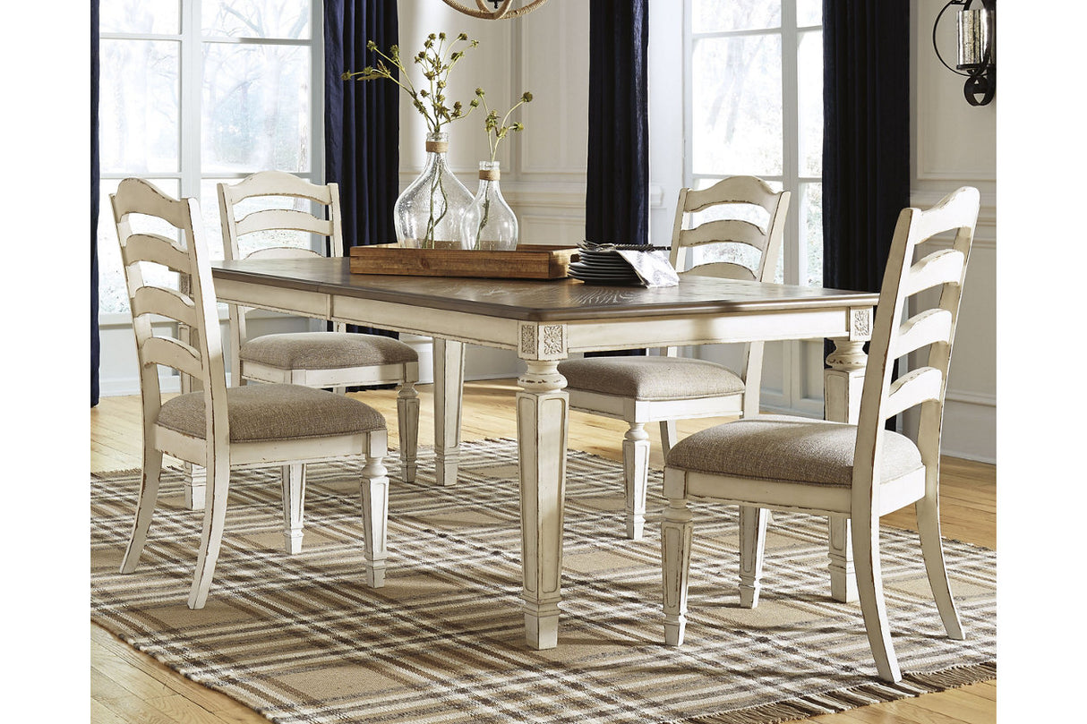 Realyn Chipped White Rectangular Dining Table and 8 Ladder Back Chairs from Ashley Furniture - Luna Furniture