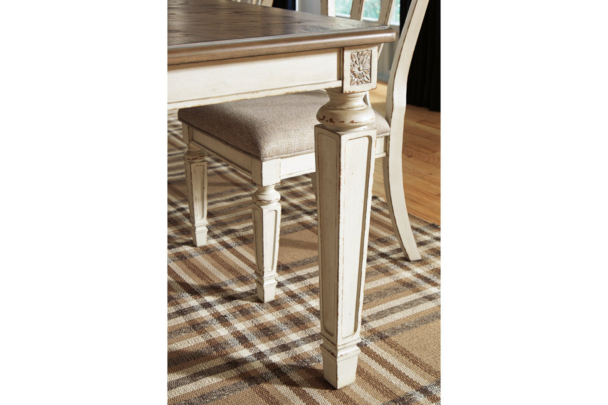 Realyn Chipped White Rectangular Dining Table and 8 Ladder Back Chairs from Ashley Furniture - Luna Furniture