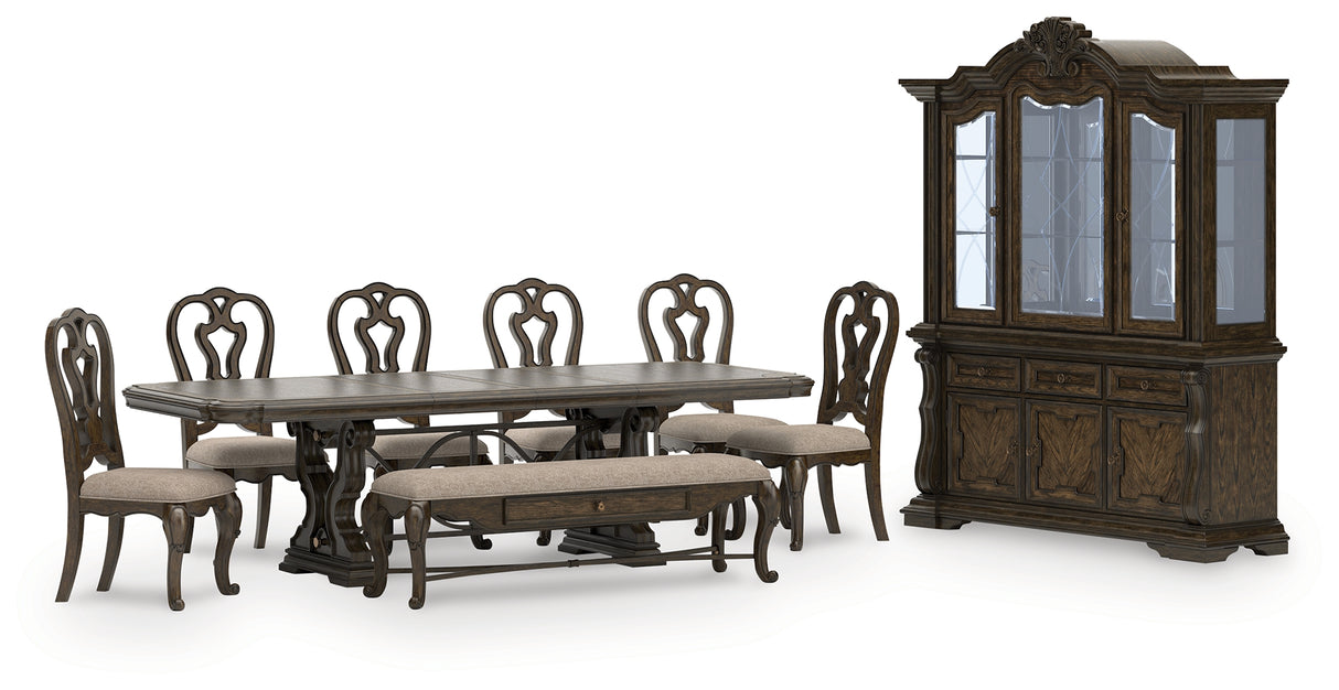 Maylee Dining Table and 6 Chairs and Bench with Storage in Dark Brown from Ashley - Luna Furniture