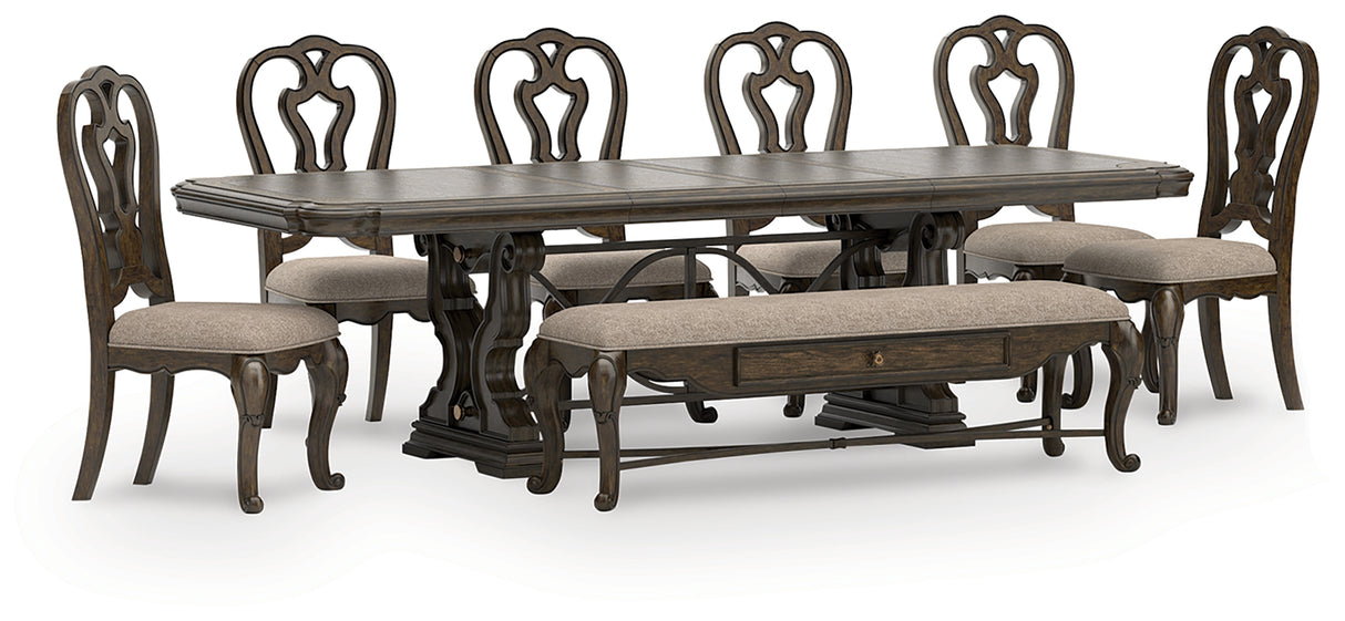 Maylee Dark Brown Dining Table, 6 Chairs and Bench from Ashley - Luna Furniture