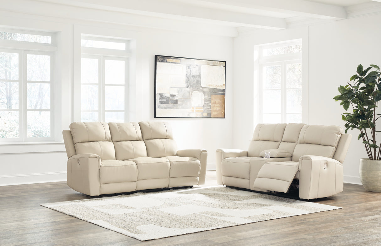 Dahlmoore Almond Power Reclining Sofa and Power Reclining Loveseat with Console from Ashley - Luna Furniture
