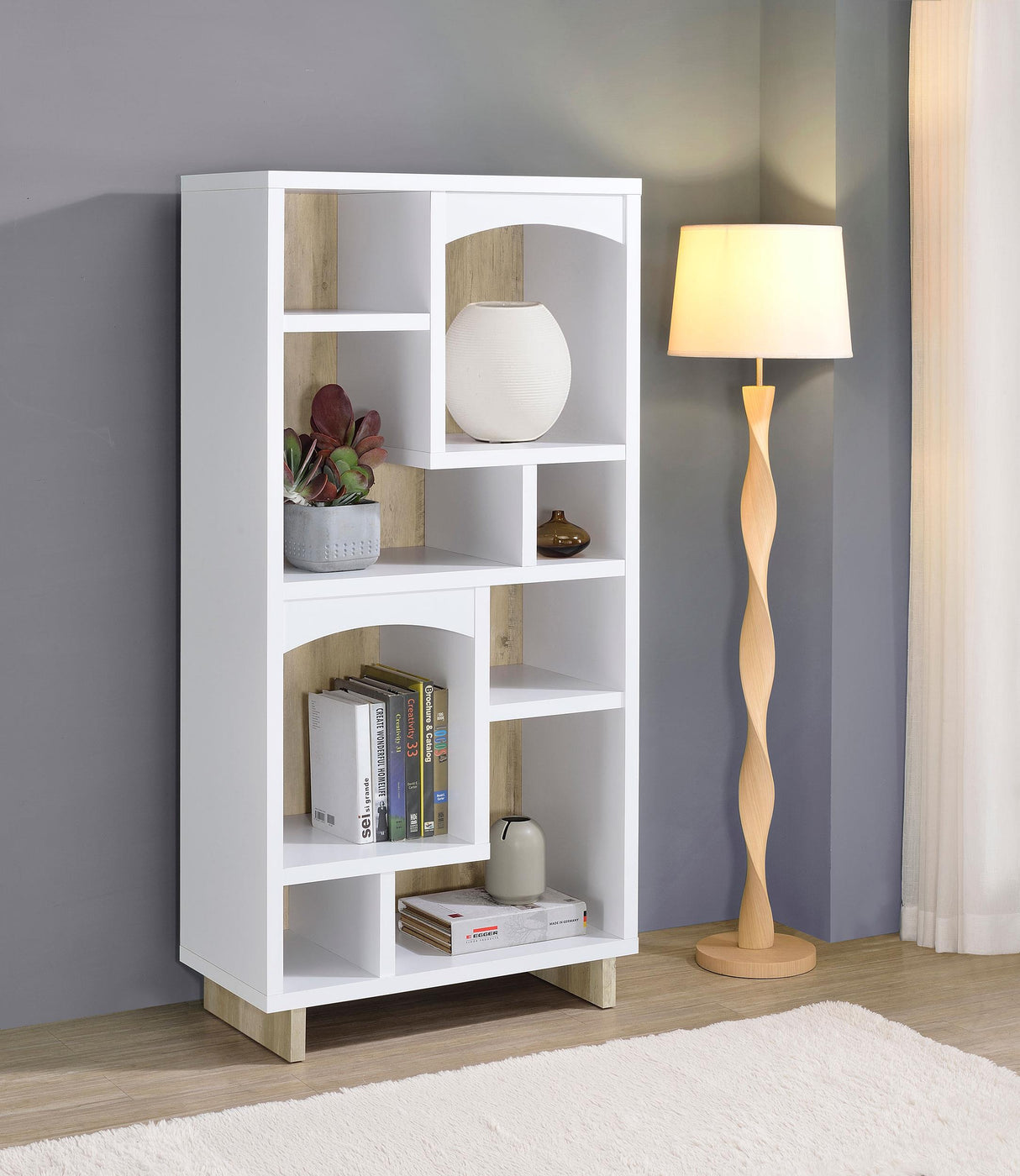 Dalton White and Distressed Pine 65-inch 6-Shelf Bookcase from Coaster - Luna Furniture