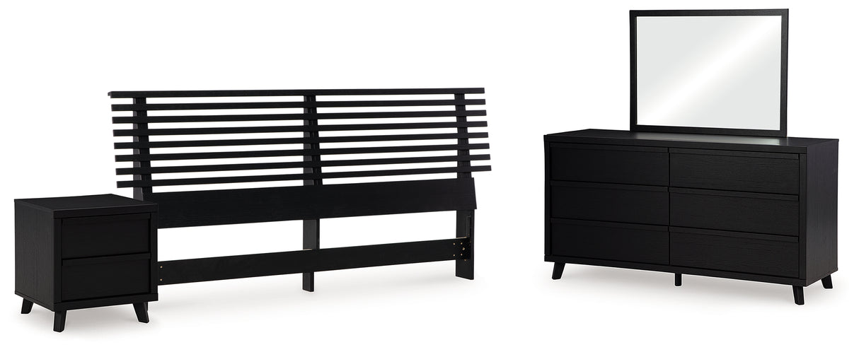 Danziar King Panel Headboard with Mirrored Dresser and 2 Nightstands in Black from Ashley - Luna Furniture