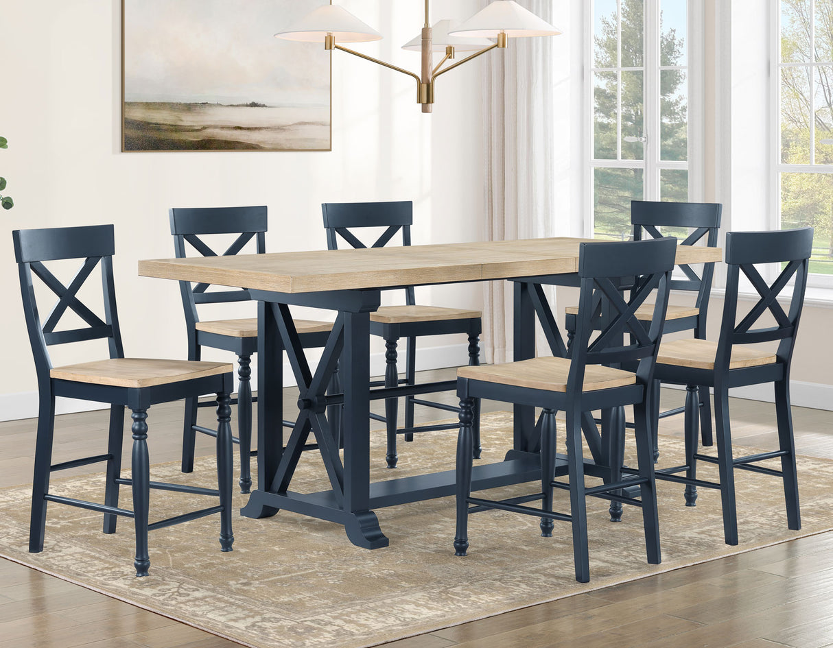 Darcy 64-82″Counter Table with 18-inch leaf, Midnight Blue and Natural Finish from Steve Silver - Luna Furniture