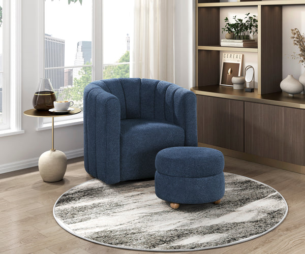 Delaney Blue Boucle Swivel Chair with Ottoman
