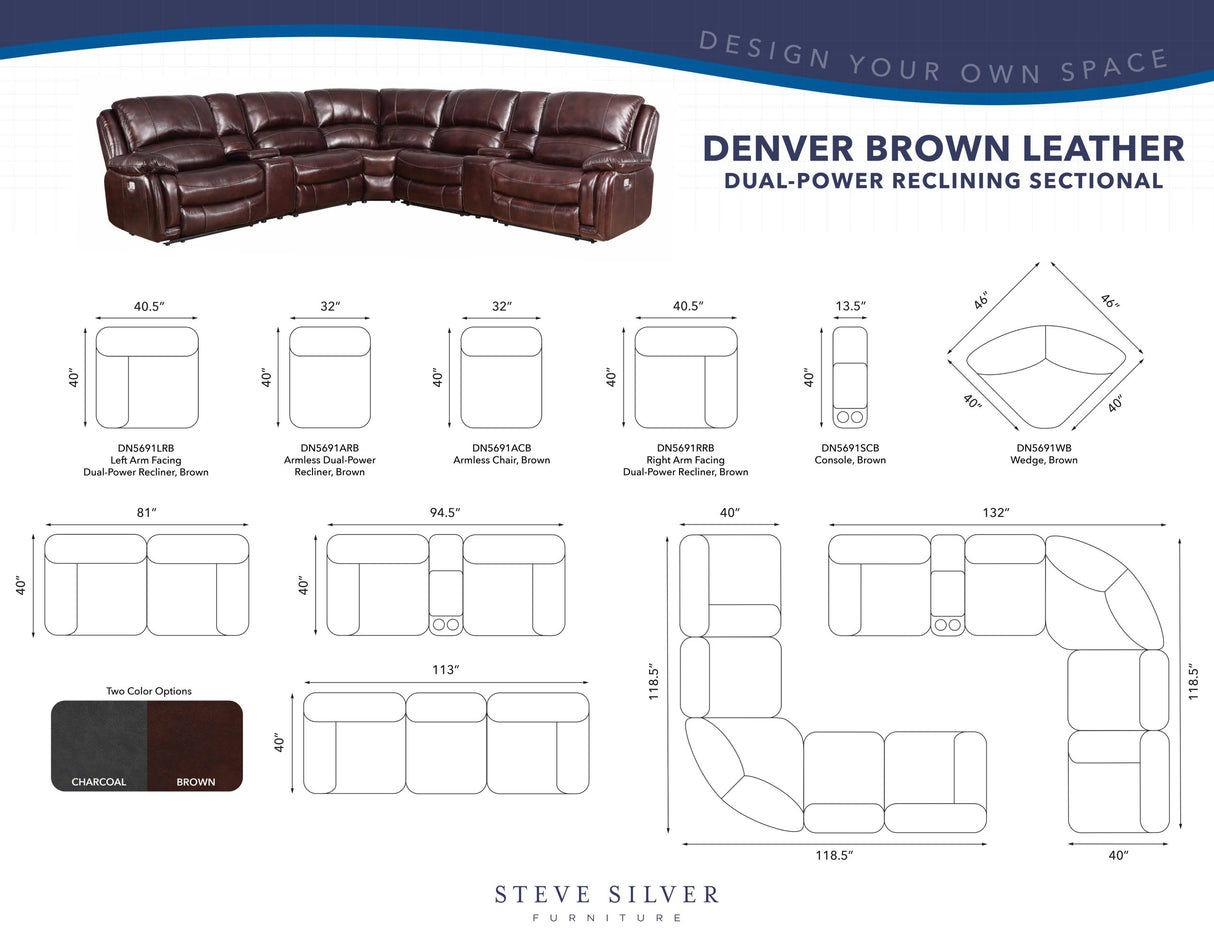 Denver Brown Dual-Power 6-Piece Leather Sectional from Steve Silver - Luna Furniture