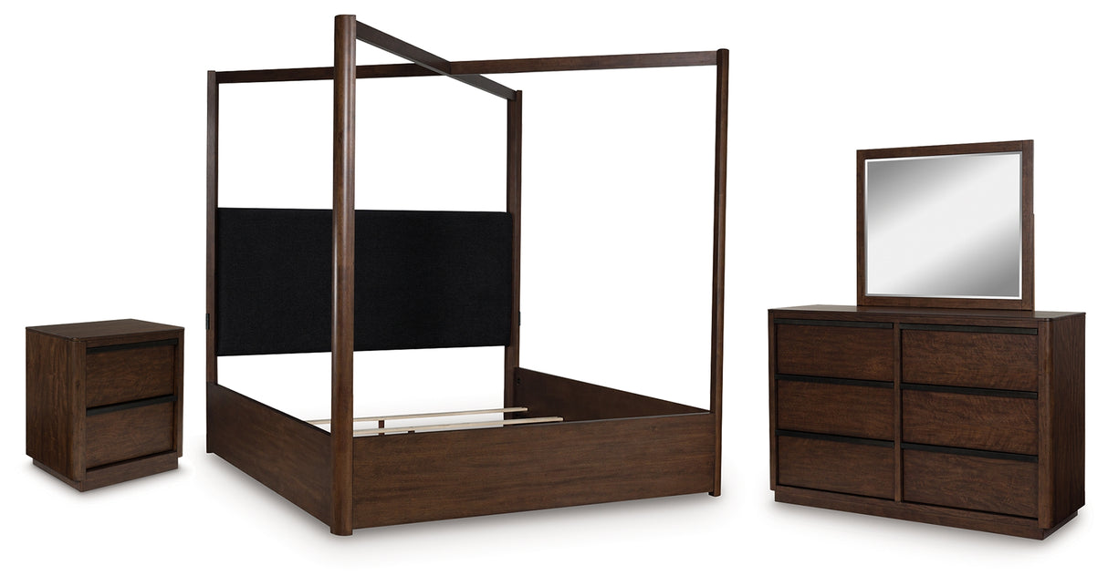 Dilenno Queen Canopy Bed with Mirrored Dresser and Nightstand in Dark Brown from Ashley Furniture - Luna Furniture