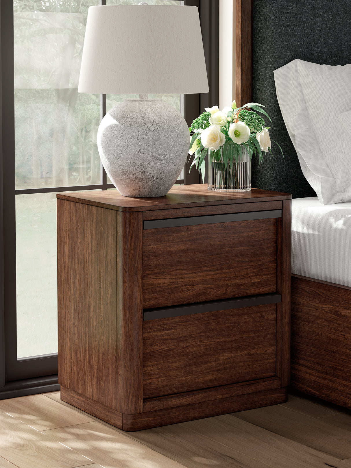 Dilenno Queen Canopy Bed with Mirrored Dresser and Nightstand in Dark Brown from Ashley Furniture - Luna Furniture