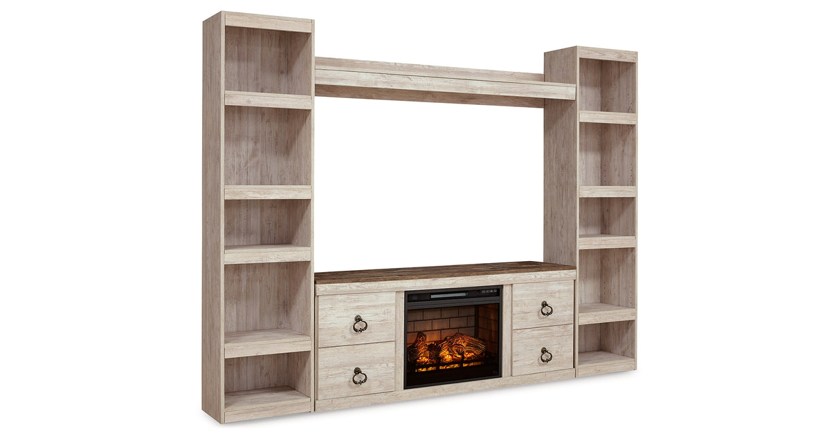 Willowton Whitewash 4-Piece Entertainment Center with Electric Fireplace from Ashley - Luna Furniture